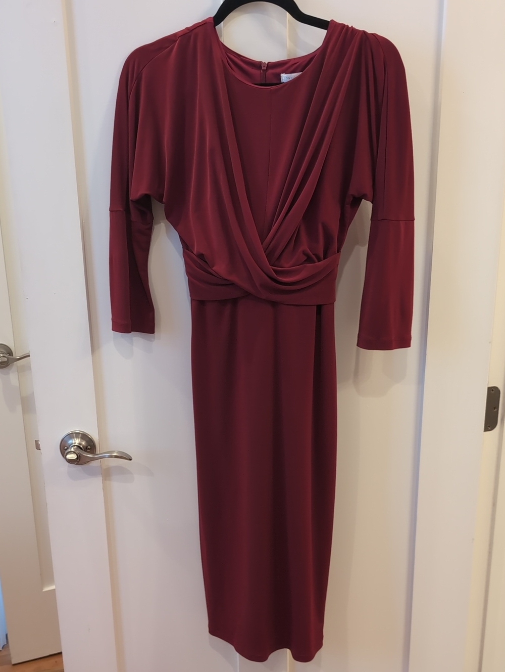 London Times Draped Burgundy Midi Dress by